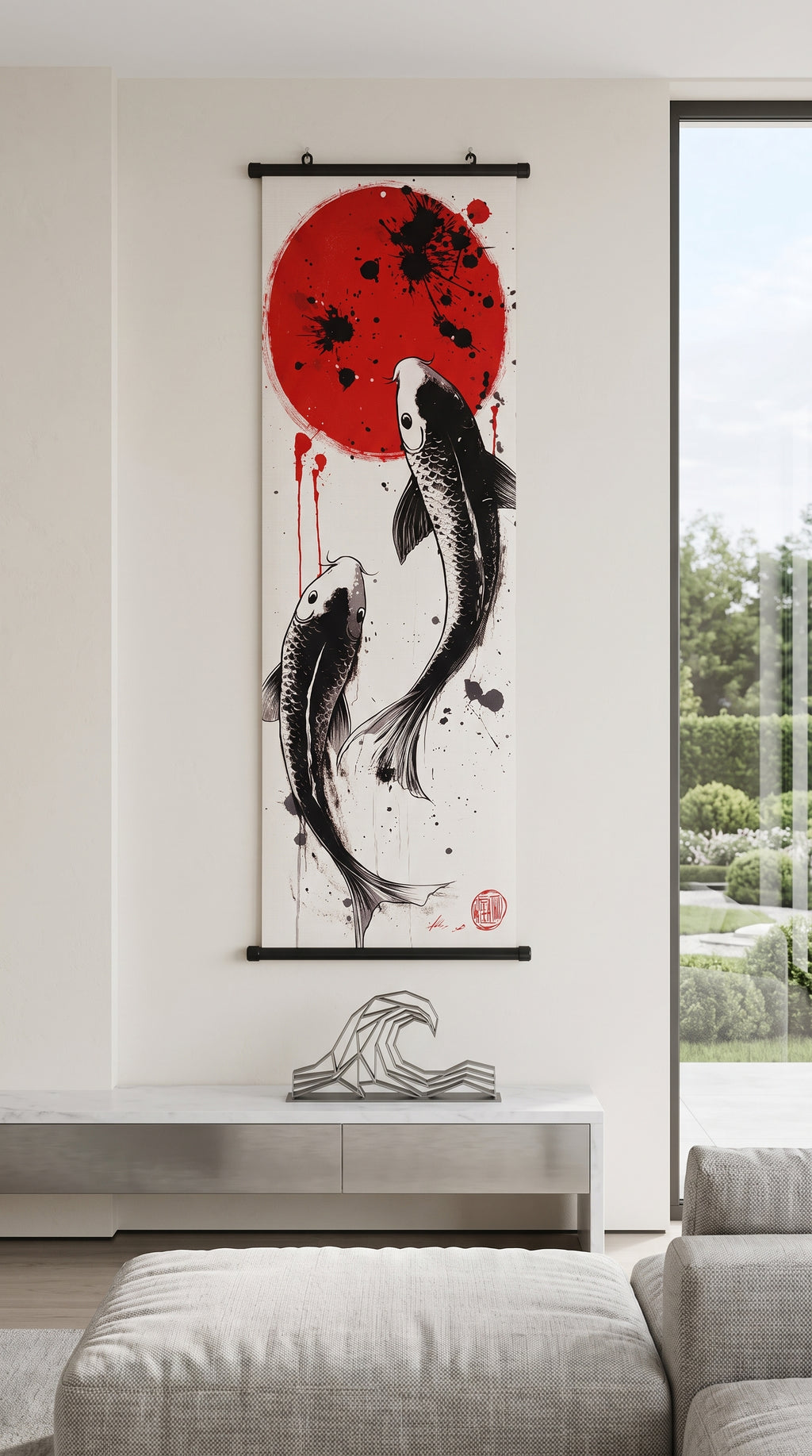 Japán Yin-Yang Koi Pontyok Vászon Falikép (Fali Tekercs)