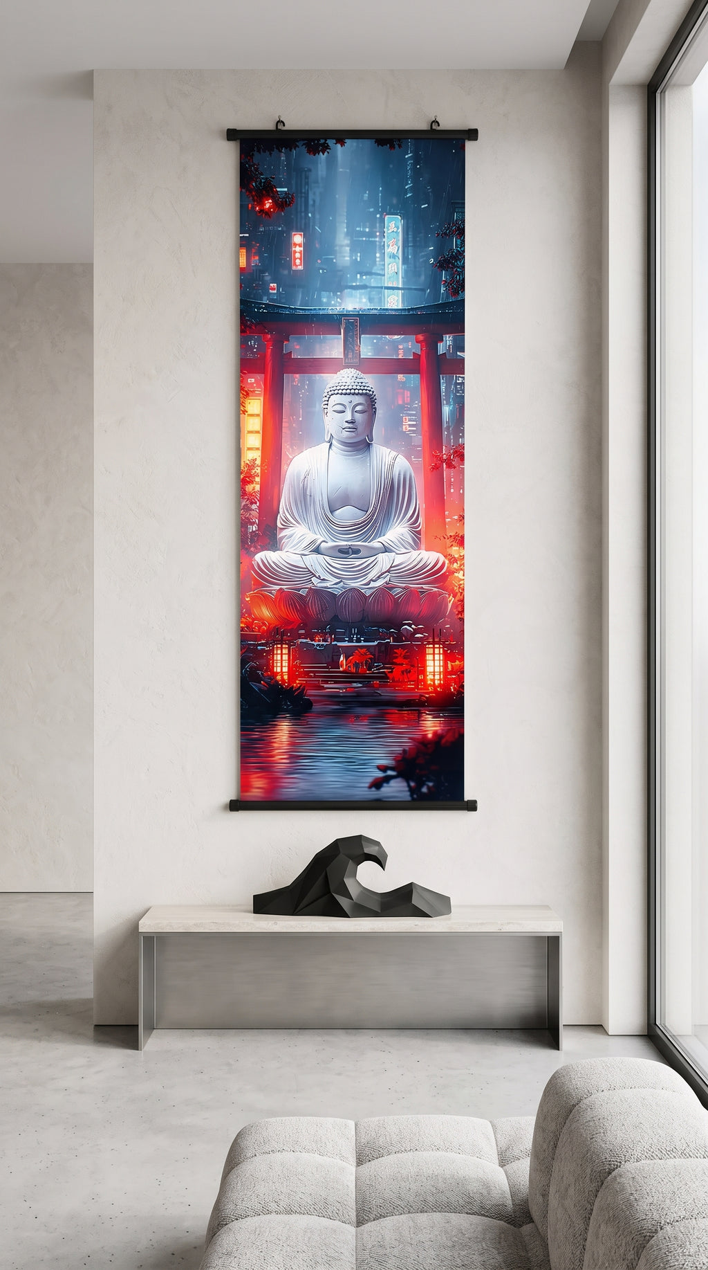Cyberpunk Buddha és Torii Kapu Vászon Falikép (Fali Tekercs)