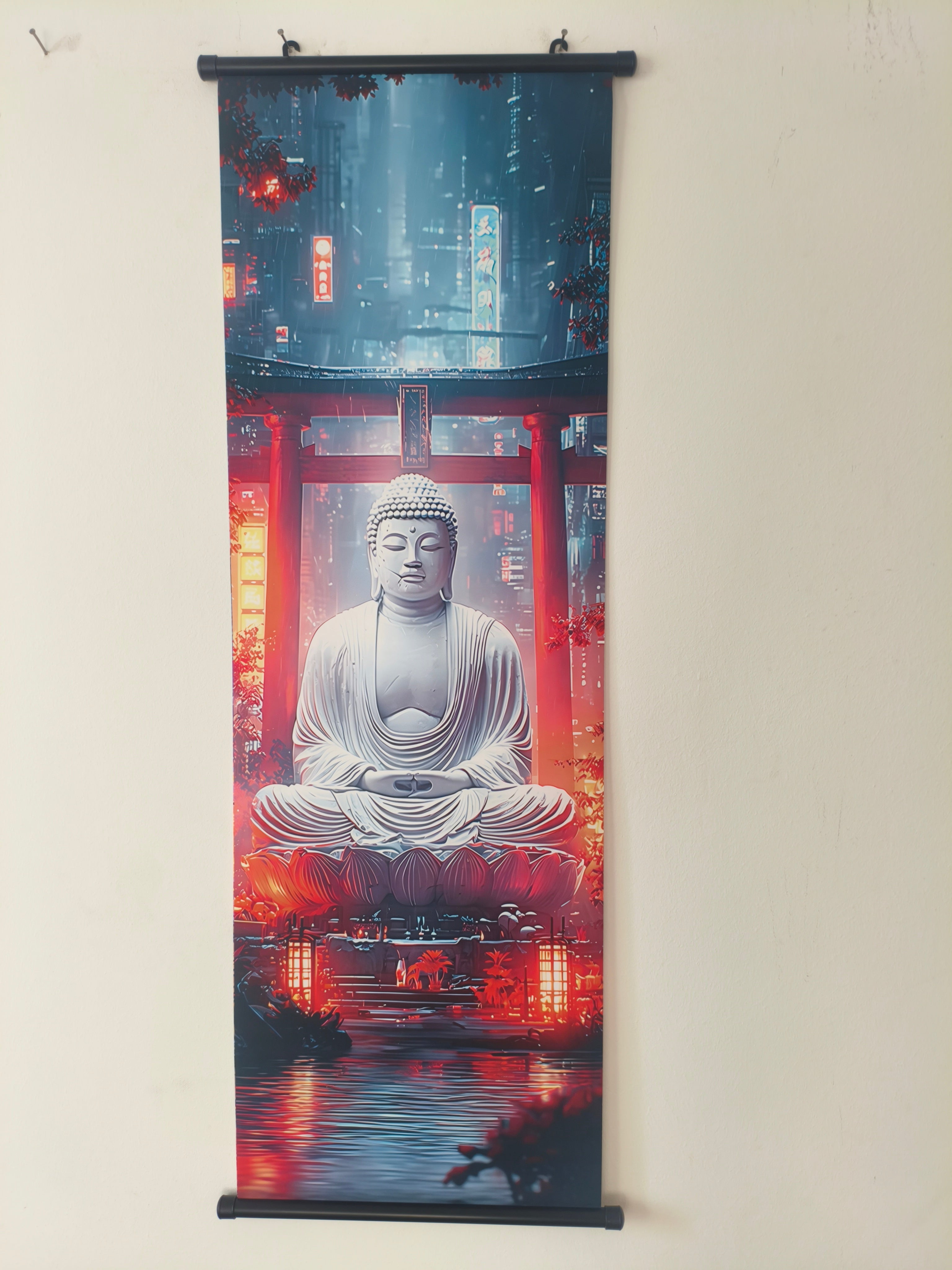 Cyberpunk Buddha és Torii Kapu Vászon Falikép (Fali Tekercs)