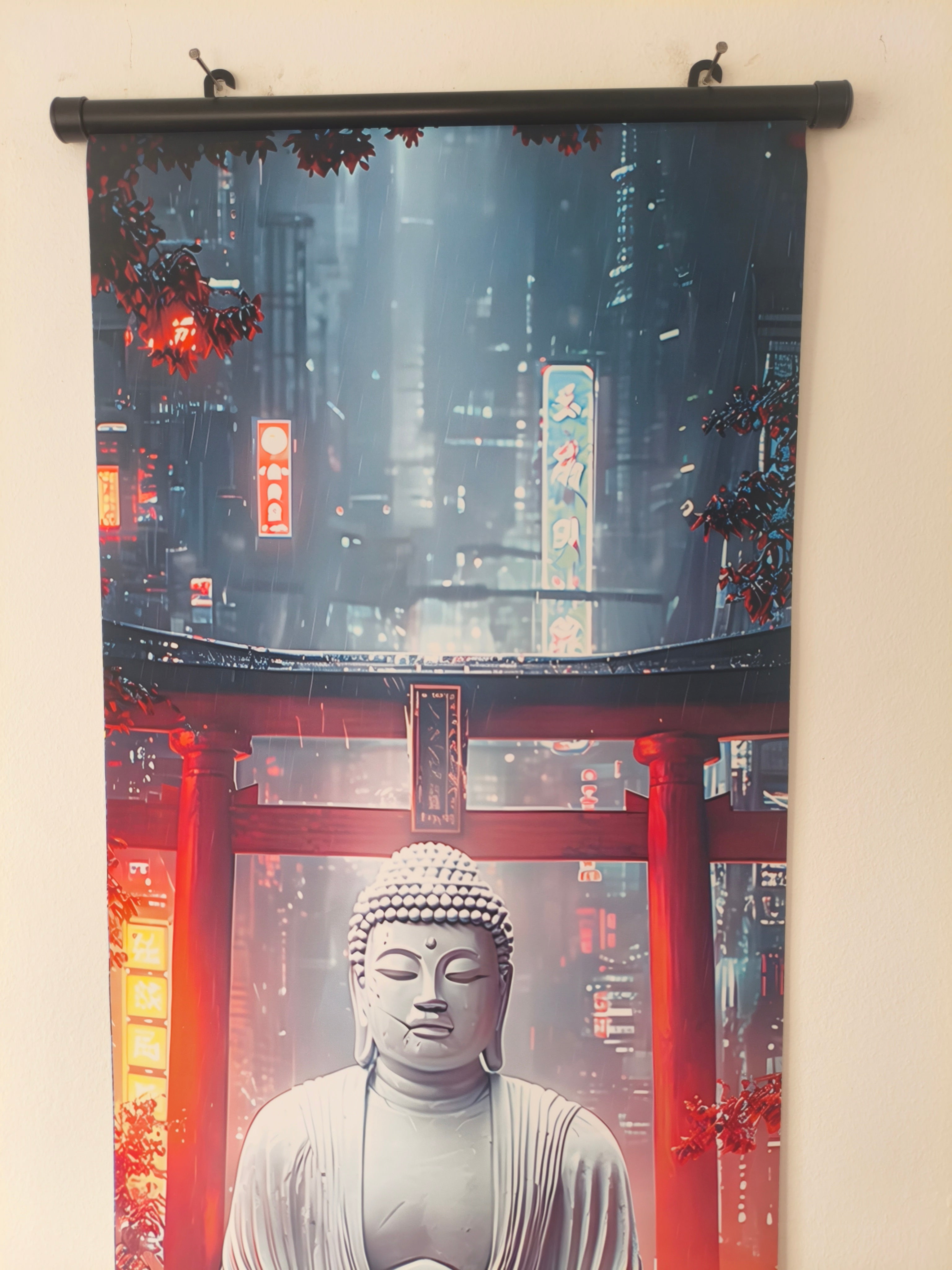 Cyberpunk Buddha és Torii Kapu Vászon Falikép (Fali Tekercs)